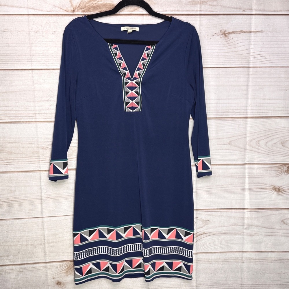 41 Hawthorn Navy Blue Geometric Border Print V-Neck Shift‎ Dress Small